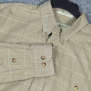 ORVIS Mens XL Button Down Shirt Long Sleeve Thick Tweed Khaki Plaid 100% Cotton